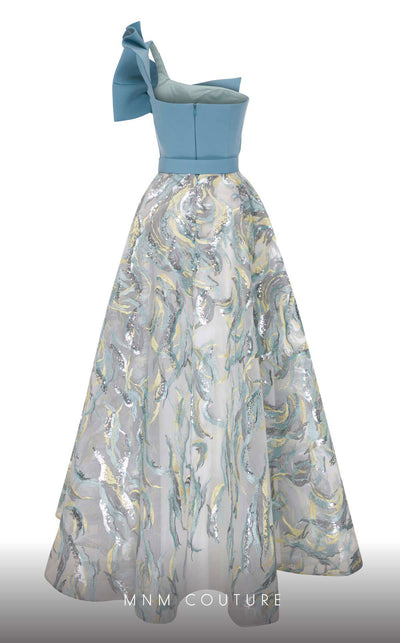 MNM Couture N0576 one-shoulder flared gown with embroidered papillon. | Couture Shop LA
