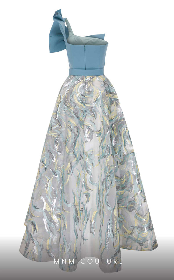 MNM Couture N0576 one-shoulder flared gown with embroidered papillon. | Couture Shop LA