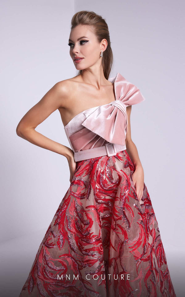 MNM Couture N0576 one-shoulder flared gown with embroidered papillon. | Couture Shop LA