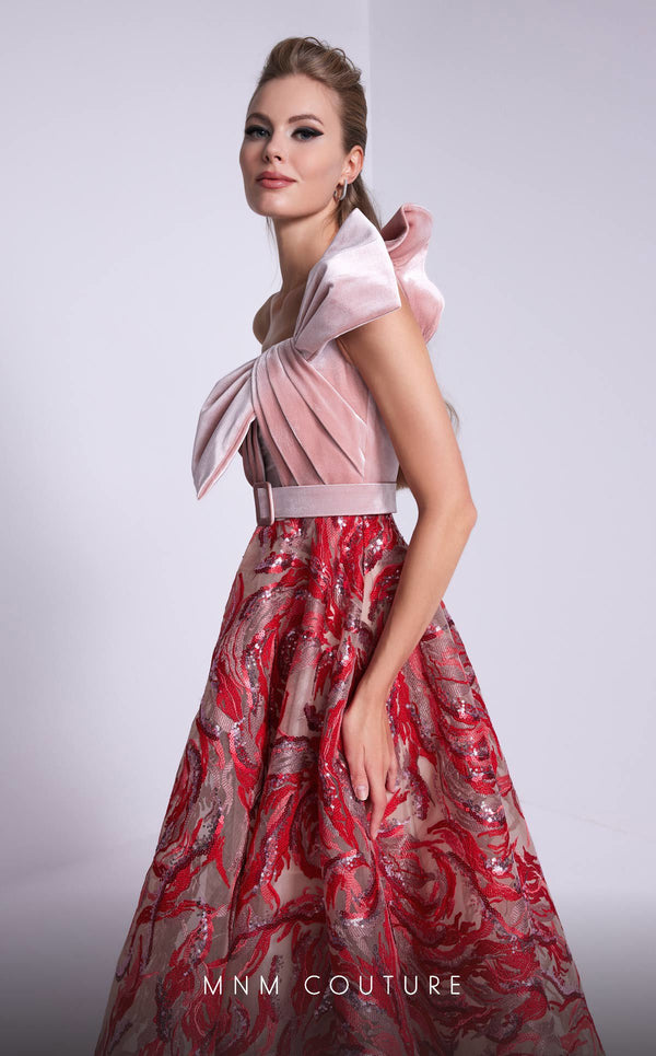 MNM Couture N0576 one-shoulder flared gown with embroidered papillon. | Couture Shop LA