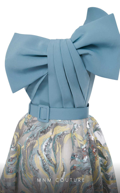 MNM Couture N0576 one-shoulder flared gown with embroidered papillon. | Couture Shop LA