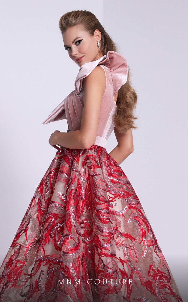 MNM Couture N0576 one-shoulder flared gown with embroidered papillon. | Couture Shop LA