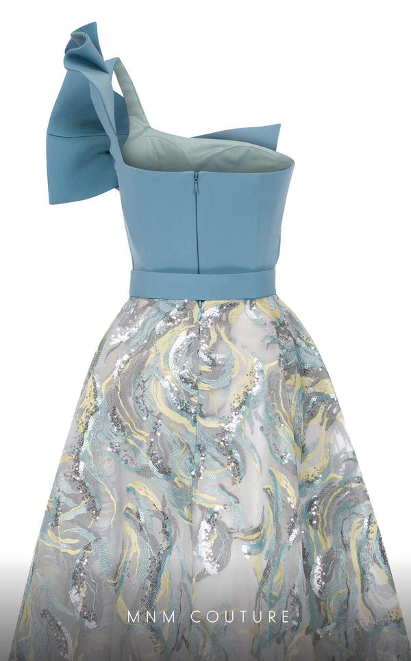 MNM Couture N0576 one-shoulder flared gown with embroidered papillon. | Couture Shop LA