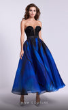 MNM Couture N0581 strapless A-line gown with floral embellishments.