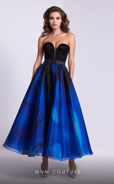 MNM Couture N0581 strapless A-line gown with floral embellishments. | Couture Shop LA