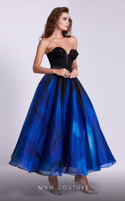 MNM Couture N0581 strapless A-line gown with floral embellishments. | Couture Shop LA