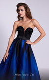 MNM Couture N0581 strapless A-line gown with floral embellishments.