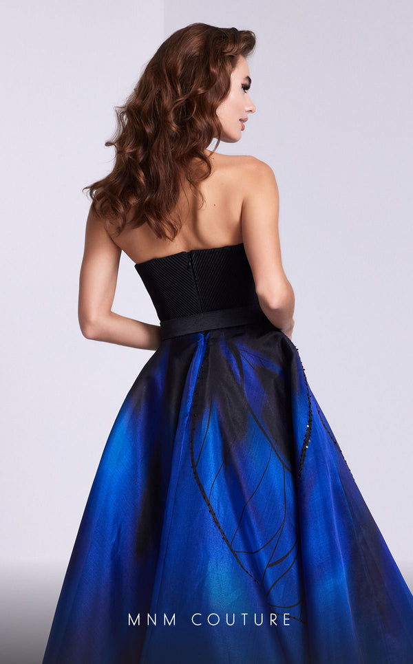 MNM Couture N0581 strapless A-line gown with floral embellishments. | Couture Shop LA