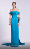  MNM Couture N0589 cap sleeve column gown with pleated neckline.