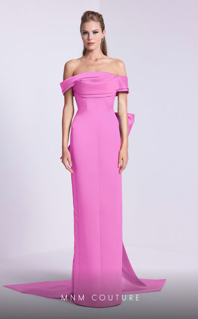 MNM Couture N0589 cap sleeve column gown with pleated neckline. | Couture Shop LA