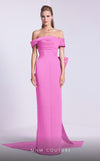 MNM Couture N0589 cap sleeve column gown with pleated neckline.