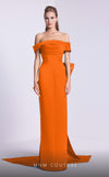 MNM Couture N0589 cap sleeve column gown with pleated neckline.