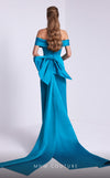 MNM Couture N0589 cap sleeve column gown with pleated neckline.