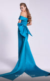 MNM Couture N0589 cap sleeve column gown with pleated neckline.