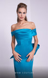 MNM Couture N0589 cap sleeve column gown with pleated neckline.