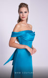 MNM Couture N0589 cap sleeve column gown with pleated neckline.