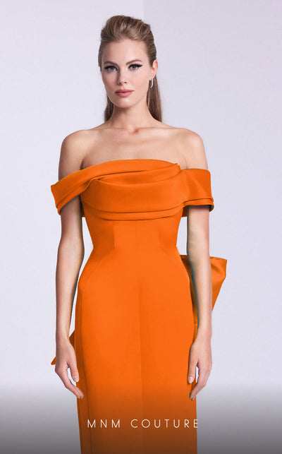 MNM Couture N0589 cap sleeve column gown with pleated neckline. | Couture Shop LA