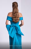 MNM Couture N0589 cap sleeve column gown with pleated neckline.