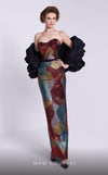 MNM Couture N0590 strapless gown with detachable puff sleeves.