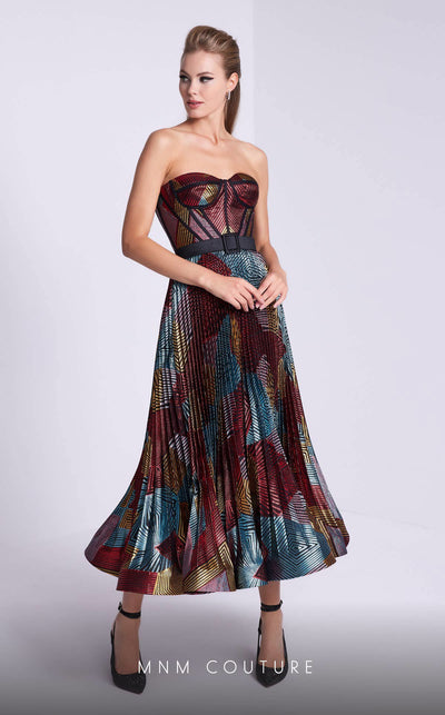 MNM Couture N0591 strapless tea-length dress with piped bustier and pleated organza skirt. | Couture Shop LA