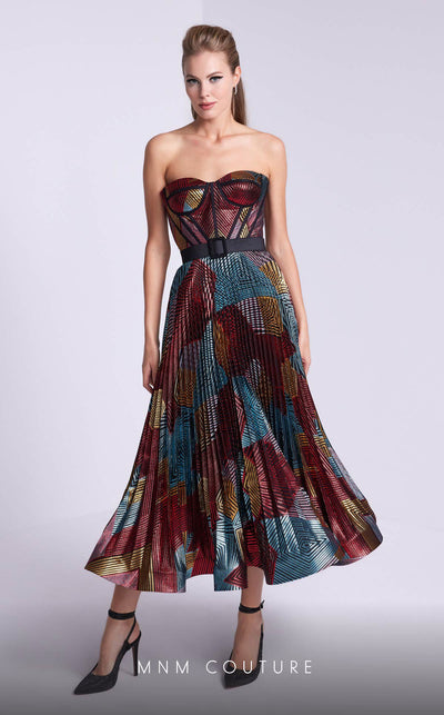 MNM Couture N0591 strapless tea-length dress with piped bustier and pleated organza skirt. | Couture Shop LA