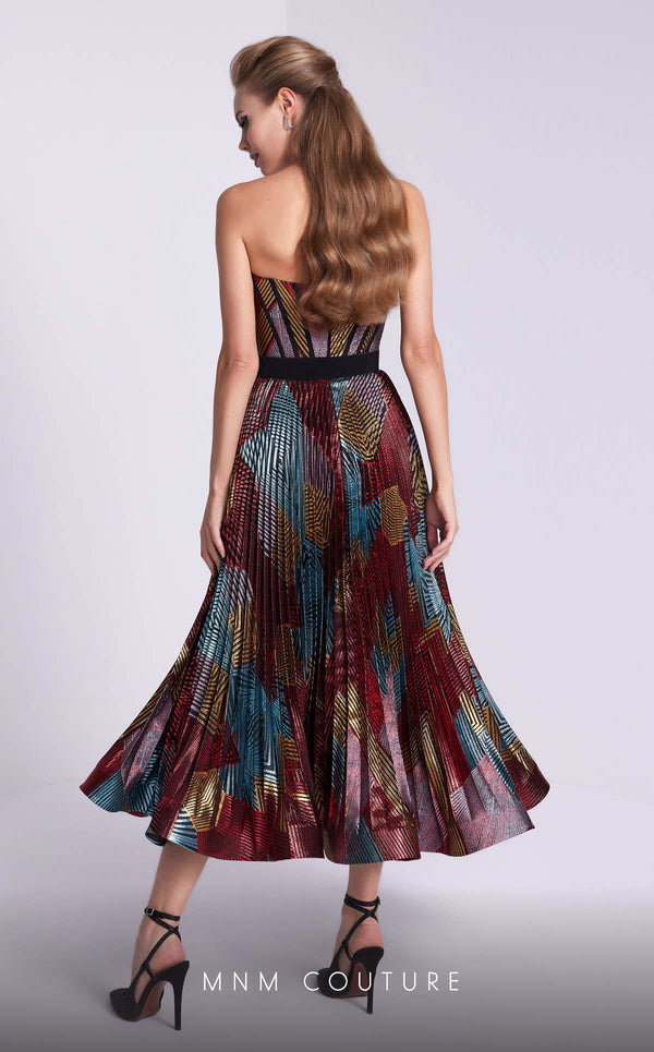 MNM Couture N0591 strapless tea-length dress with piped bustier and pleated organza skirt. | Couture Shop LA