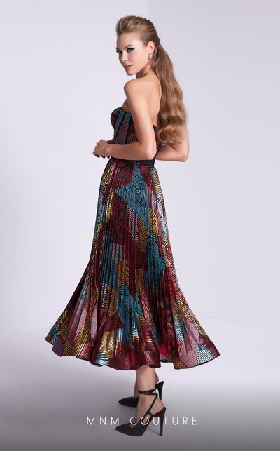 MNM Couture N0591 strapless tea-length dress with piped bustier and pleated organza skirt. | Couture Shop LA