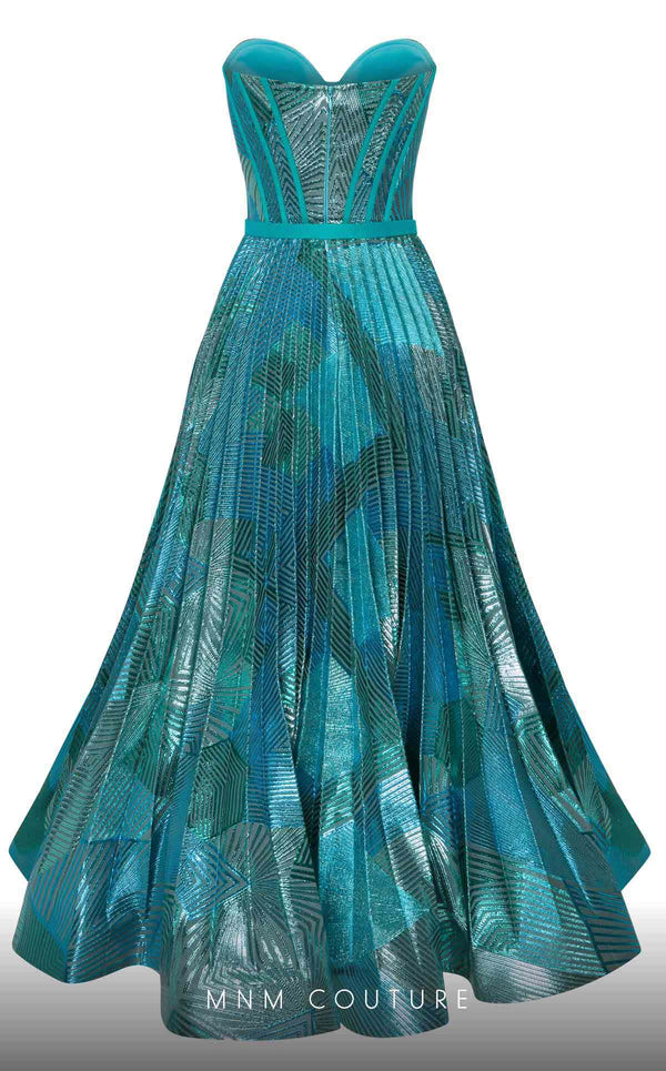 MNM Couture N0591 strapless tea-length dress with piped bustier and pleated organza skirt. | Couture Shop LA