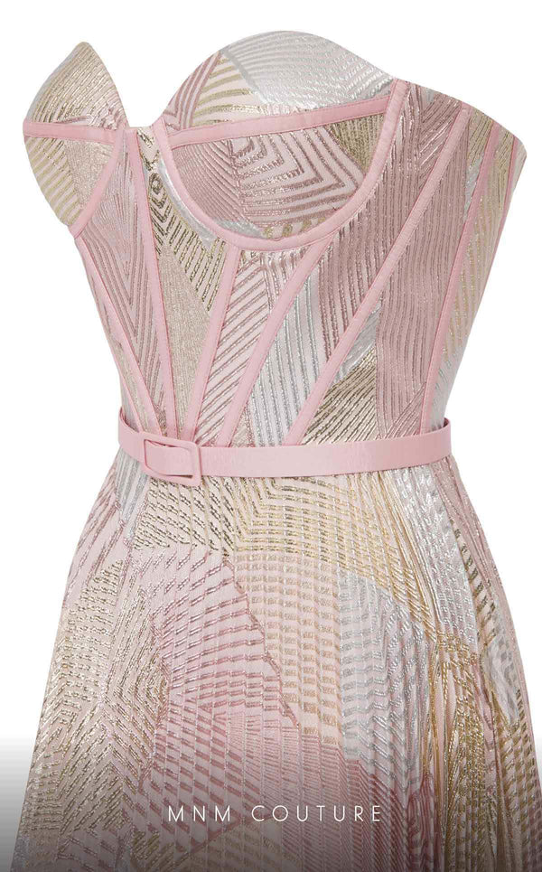 MNM Couture N0591 strapless tea-length dress with piped bustier and pleated organza skirt. | Couture Shop LA