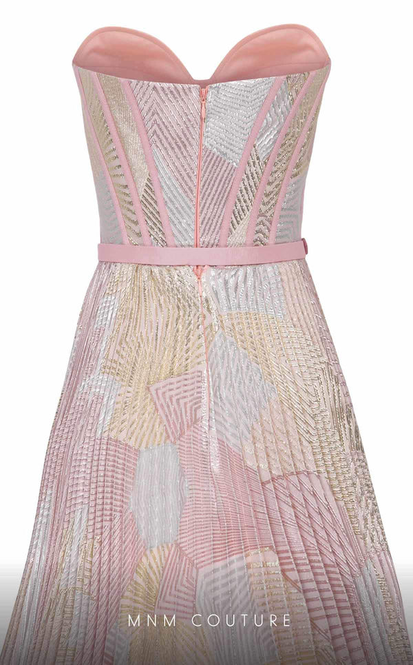 MNM Couture N0591 strapless tea-length dress with piped bustier and pleated organza skirt. | Couture Shop LA