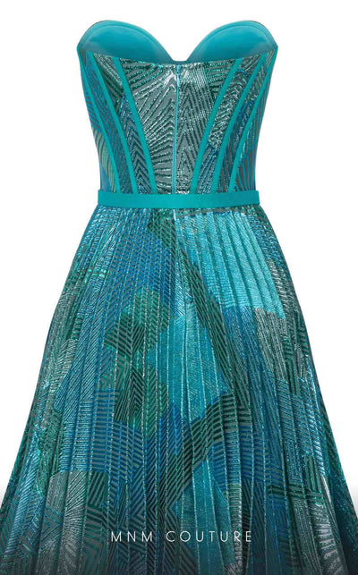 MNM Couture N0591 strapless tea-length dress with piped bustier and pleated organza skirt. | Couture Shop LA