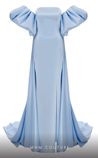 MNM Couture N0598 pink, orange, and ice blue Roman-inspired gown with side slit and dramatic off-shoulder sleeves | Couture Shop LA