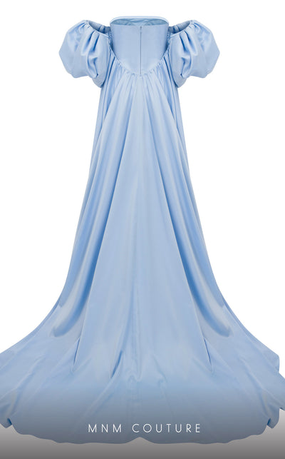 MNM Couture N0598 pink, orange, and ice blue Roman-inspired gown with side slit and dramatic off-shoulder sleeves | Couture Shop LA