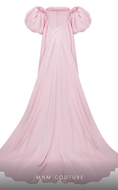 MNM Couture N0598 pink, orange, and ice blue Roman-inspired gown with side slit and dramatic off-shoulder sleeves | Couture Shop LA