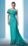 MNM Couture N0604 pleated asymmetric gown with an elegant train and tailored fit | Couture Shop LA