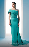 MNM Couture N0604 pleated asymmetric gown with an elegant train and tailored fit | Couture Shop LA