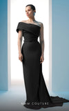 MNM Couture N0604 pleated asymmetric gown with an elegant train and tailored fit | Couture Shop LA