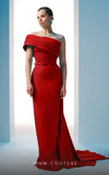 MNM Couture N0604 pleated asymmetric gown with an elegant train and tailored fit | Couture Shop LA