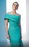 MNM Couture N0604 pleated asymmetric gown with an elegant train and tailored fit | Couture Shop LA