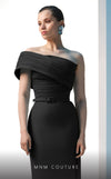 MNM Couture N0604 pleated asymmetric gown with an elegant train and tailored fit | Couture Shop LA