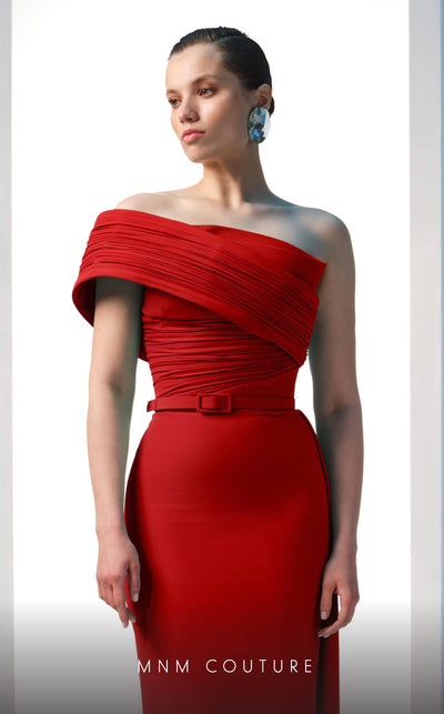 MNM Couture N0604 pleated asymmetric gown with an elegant train and tailored fit | Couture Shop LA