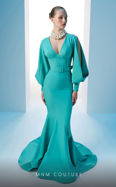 MNM Couture N0605 high V-neck mermaid gown with puffed sleeves. | Couture Shop LA
