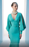 MNM Couture N0605 high V-neck mermaid gown with puffed sleeves. | Couture Shop LA