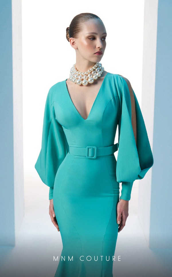 MNM Couture N0605 high V-neck mermaid gown with puffed sleeves. | Couture Shop LA
