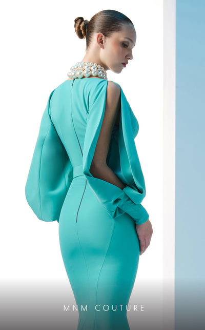 MNM Couture N0605 high V-neck mermaid gown with puffed sleeves. | Couture Shop LA