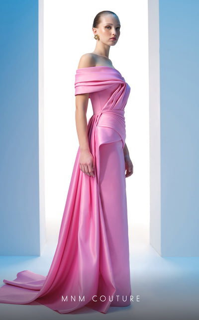 MNM Couture N0607 cap sleeve satin gown with draped detailing. | Couture Shop LA
