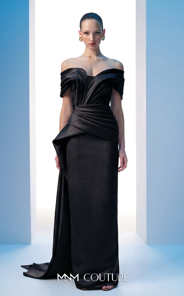 MNM Couture N0607 cap sleeve satin gown with draped detailing. | Couture Shop LA