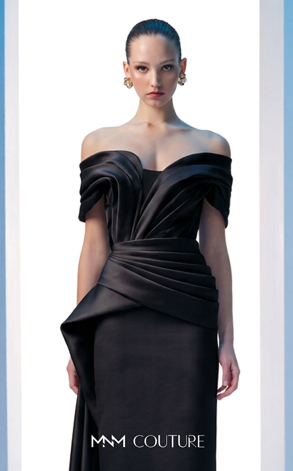 MNM Couture N0607 cap sleeve satin gown with draped detailing. | Couture Shop LA