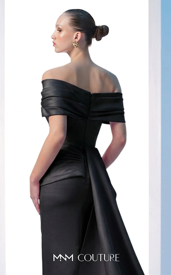 MNM Couture N0607 cap sleeve satin gown with draped detailing. | Couture Shop LA