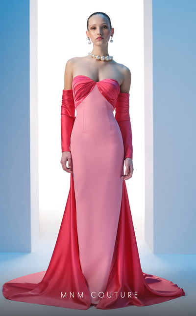 MNM Couture N0609 coral and black column gown with pleated neckline and silk bow train | Couture Shop LA